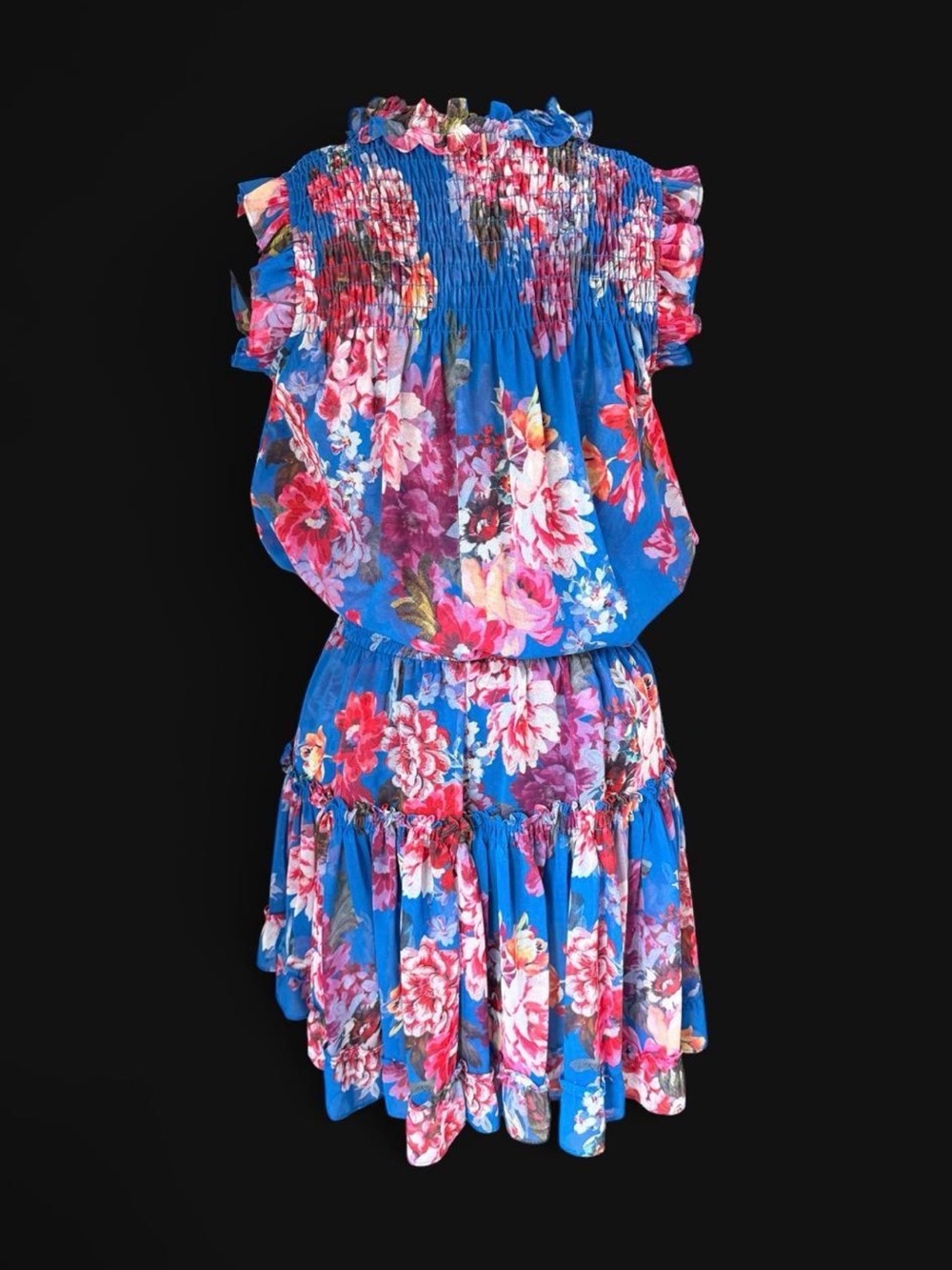 MISA Los Angeles Blue Floral Smocked Ruffle Tiered Mini Dress Medium - Picture 4 of 5
